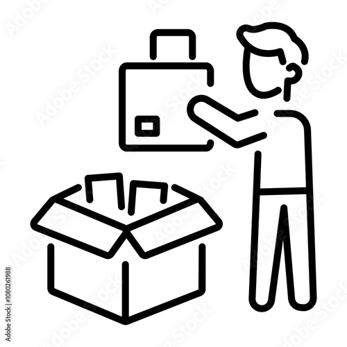 A linear icon of a person decluttering and organizing belongings into a box