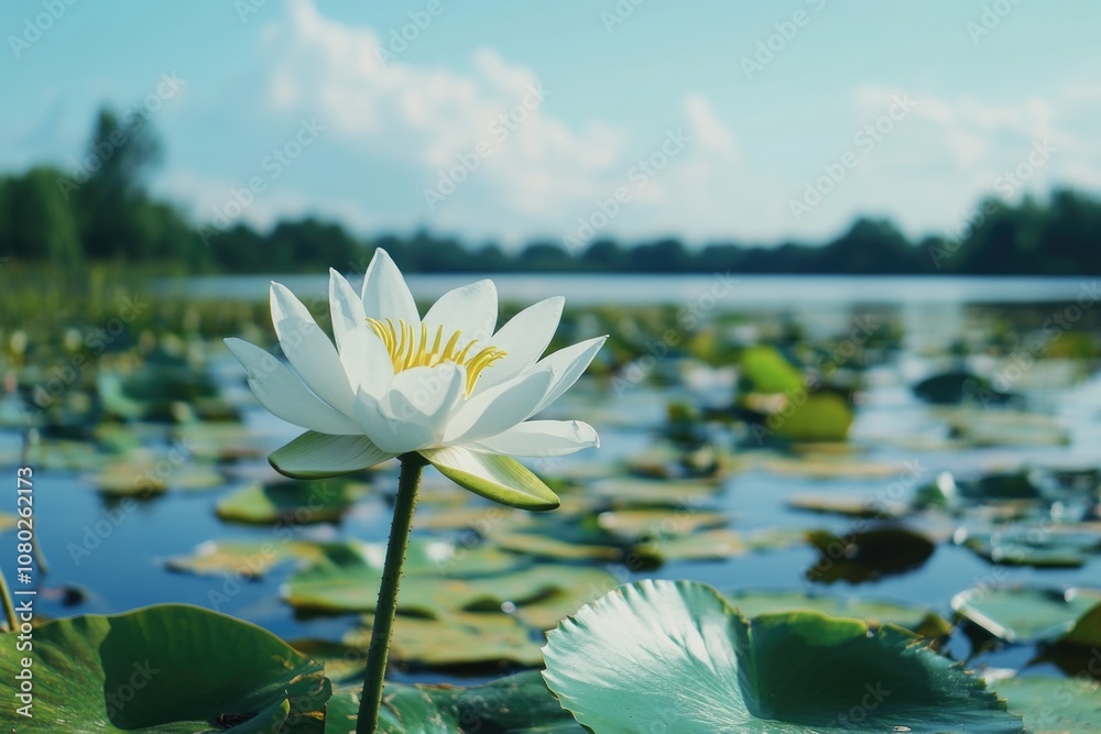 A single white water lily sits atop a lush green field, providing a serene and peaceful atmosphere A single white water lily sits atop a lush green field, providing a serene and peaceful atmosphere