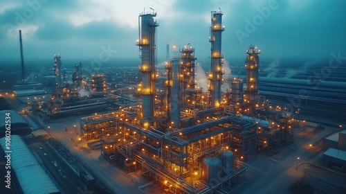 An aerial view of a large industrial plant at dusk, with illuminated towers and smokestacks emitting steam into the air.