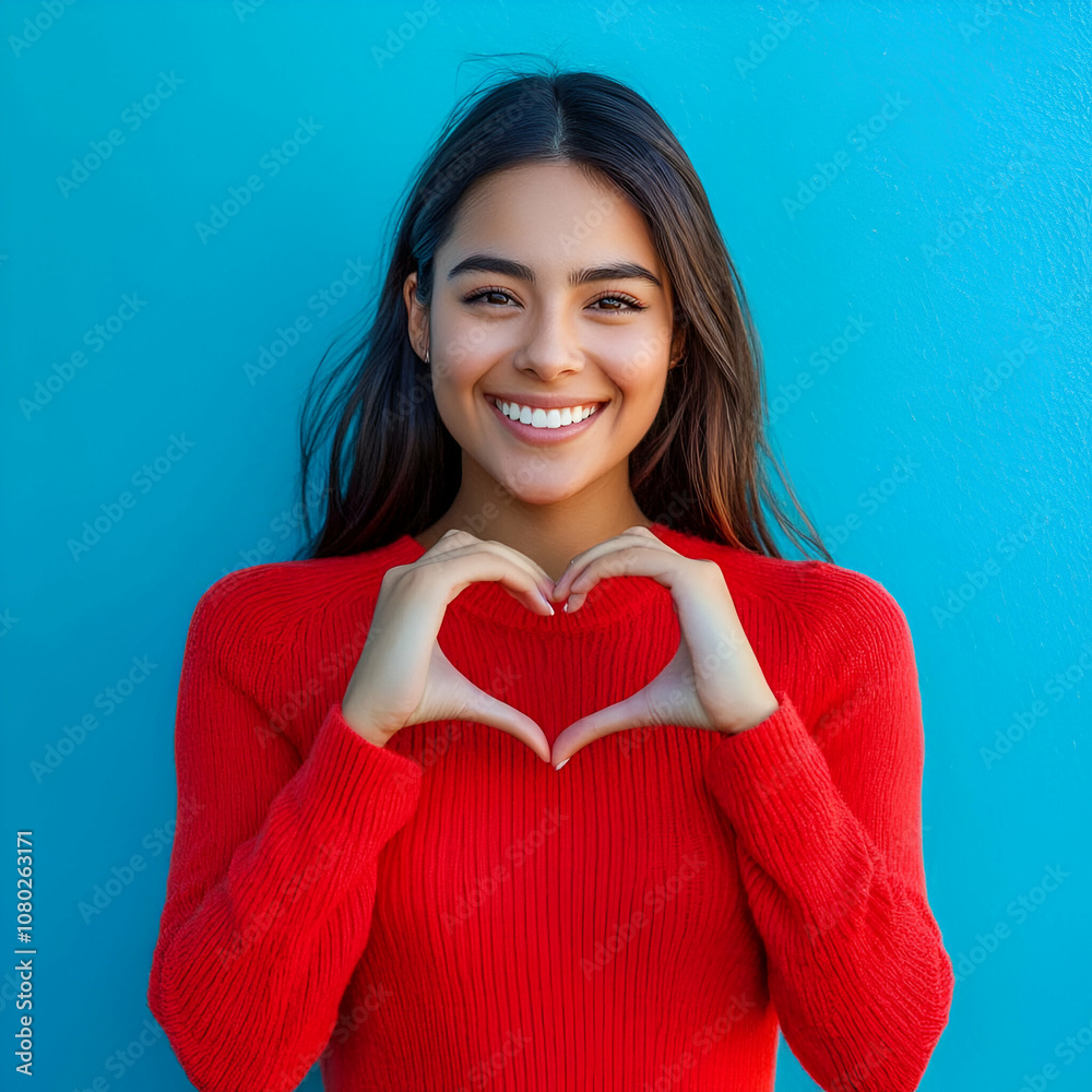 Hispanic Woman Smiling and Making Heart Shape with Hands Against a Blue Background Hispanic Woman Smiling and Making Heart Shape with Hands Against a Blue Background