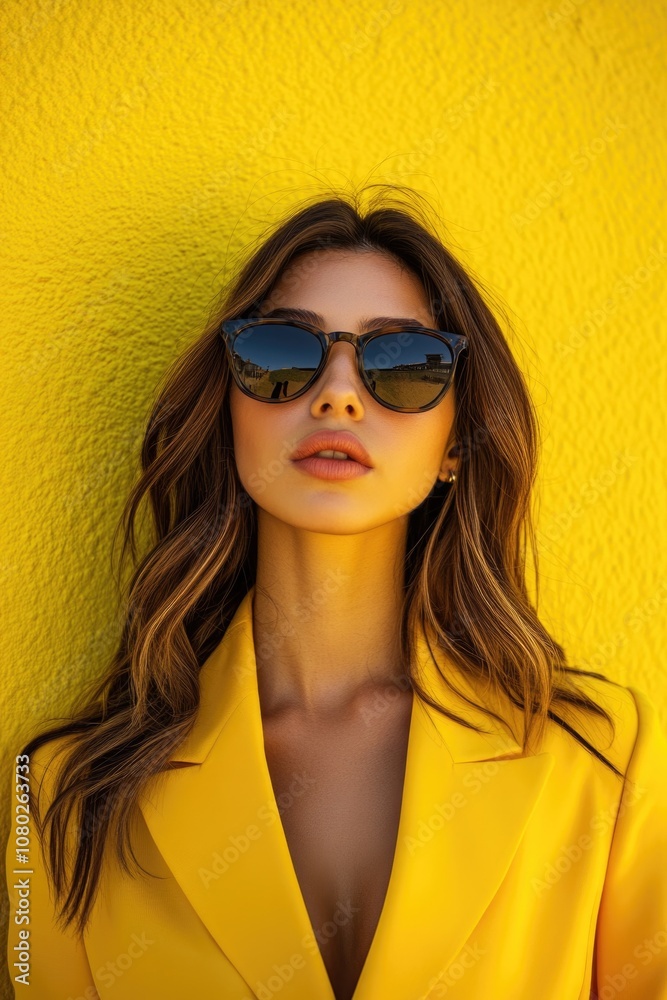 A woman wearing a bright yellow jacket and sunglasses A woman wearing a bright yellow jacket and sunglasses