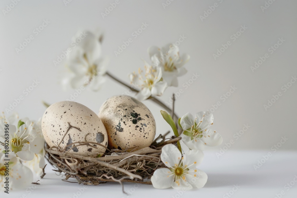 A nest with eggs and white flowers, a peaceful scene A nest with eggs and white flowers, a peaceful scene