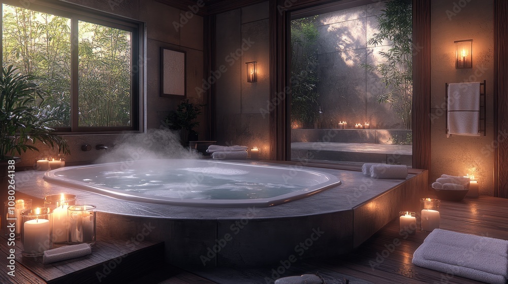 Fototapeta premium Serene bathroom with a hot tub, candles, and natural light.