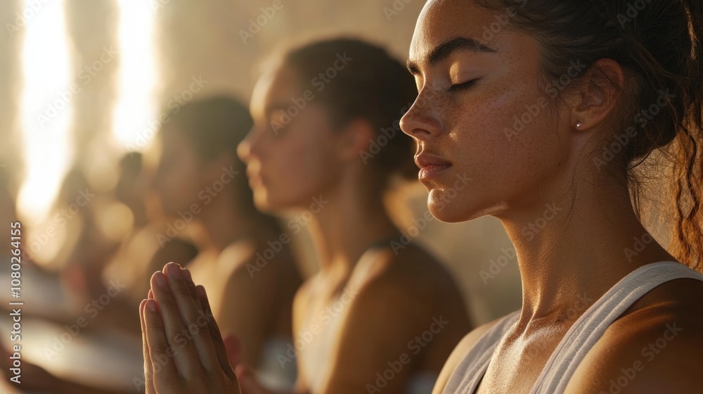 Group of women practicing yoga together, focusing on their breathing and poses Group of women practicing yoga together, focusing on their breathing and poses