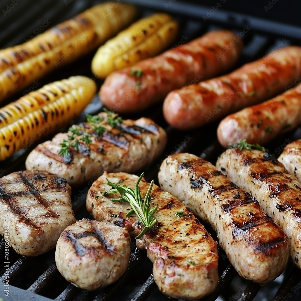 Grilled sausages, pork, and corn on the cob on a barbecue grill. Grilled sausages, pork, and corn on the cob on a barbecue grill.
