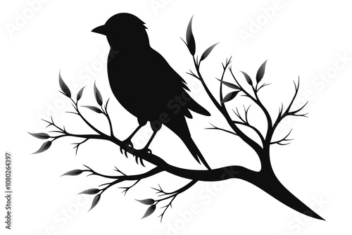 Bird silhouette perched on abstract monochrome branch G.eps