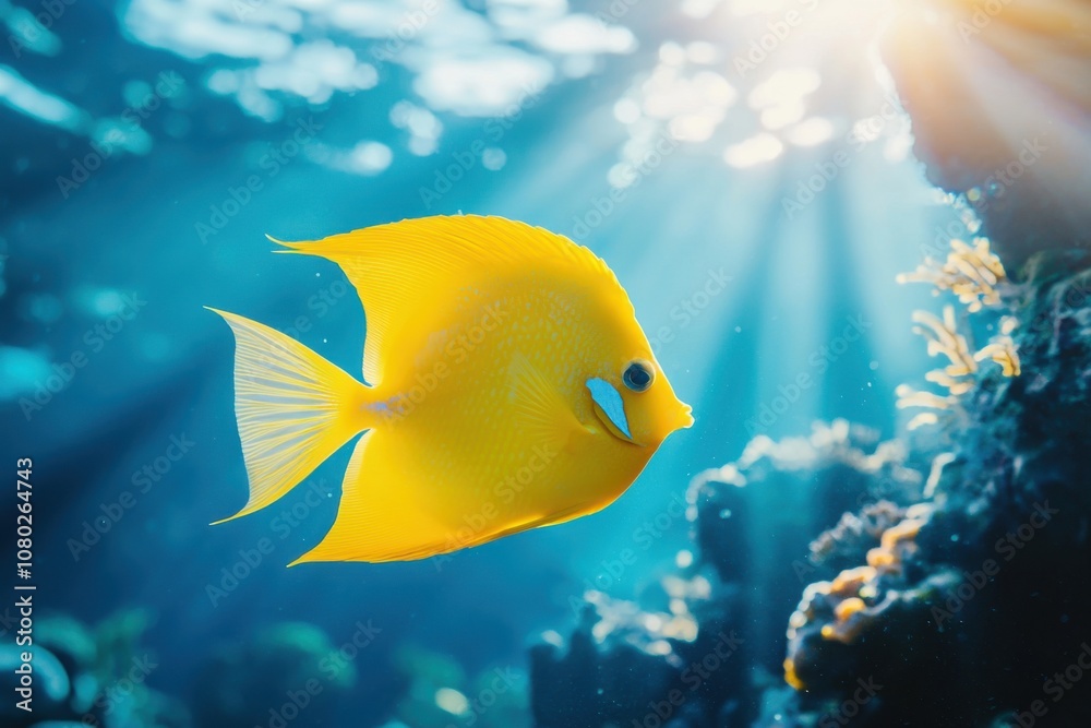 A vibrant yellow fish elegantly swims in the sunlit ocean, surrounded by coral and glimmers of warm light filtering through the water. A vibrant yellow fish elegantly swims in the sunlit ocean, surrounded by coral and glimmers of warm light filtering through the water.