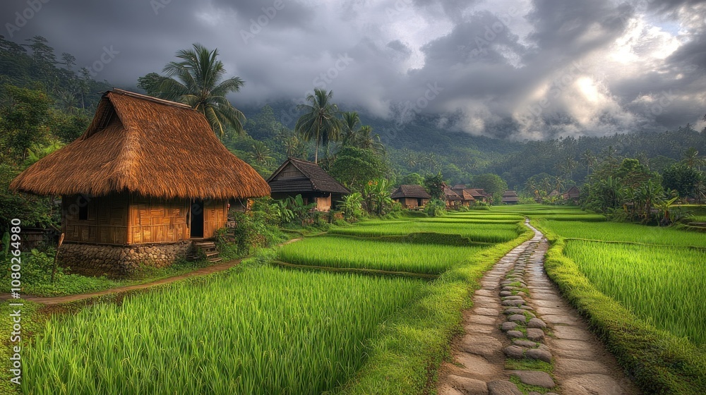 Traditional Houses in a Lush Green Rice Paddy Field Traditional Houses in a Lush Green Rice Paddy Field