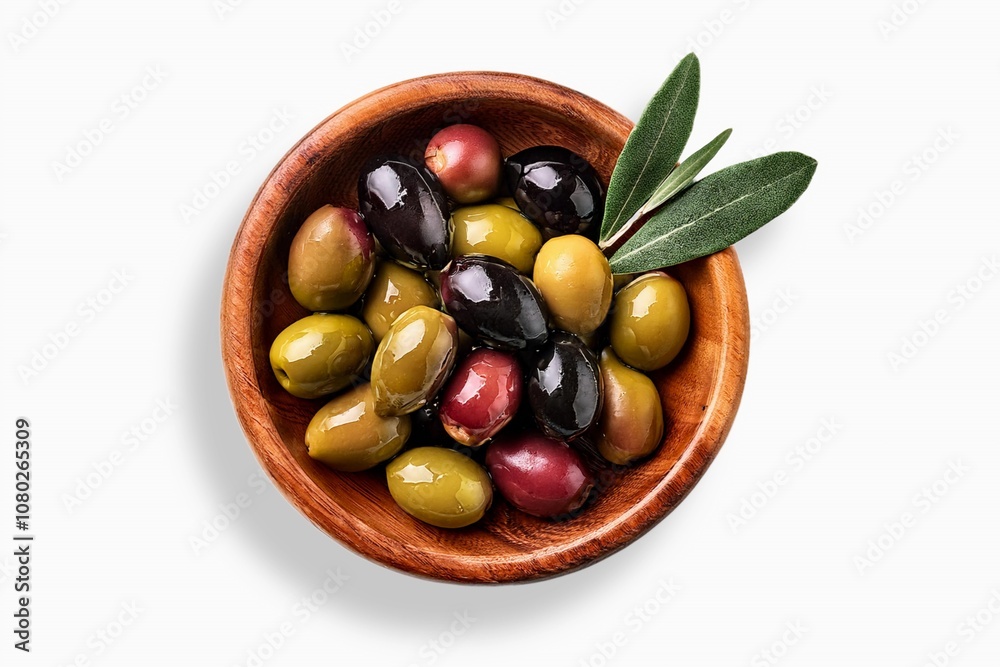 Delicious black, green and red olives with leaves in a wooden bowl, isolated on white background Delicious black, green and red olives with leaves in a wooden bowl, isolated on white background