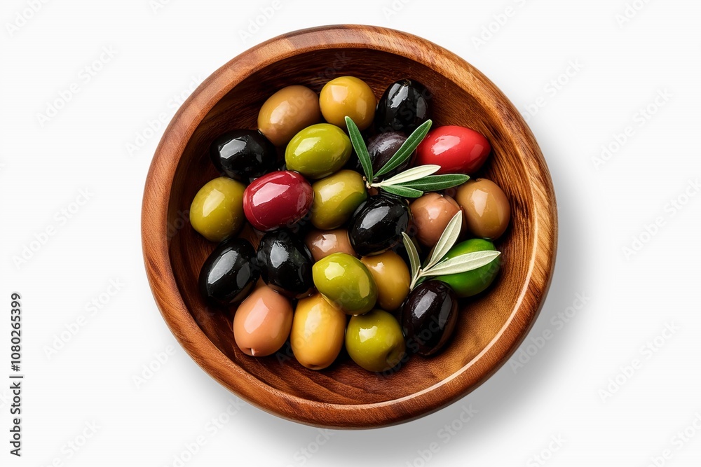 Delicious black, green and red olives with leaves in a wooden bowl, isolated on white background Delicious black, green and red olives with leaves in a wooden bowl, isolated on white background
