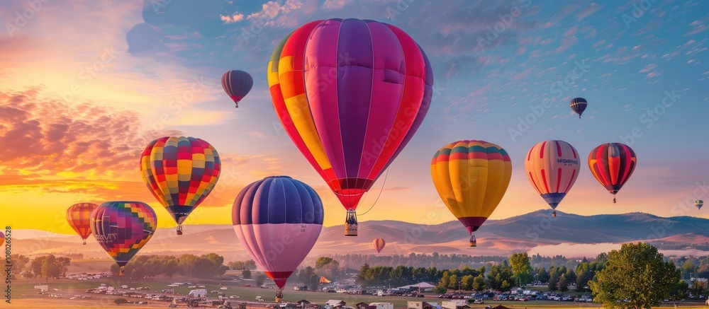Fototapeta premium Colorful Hot Air Balloons Soar Through a Vibrant Sunrise