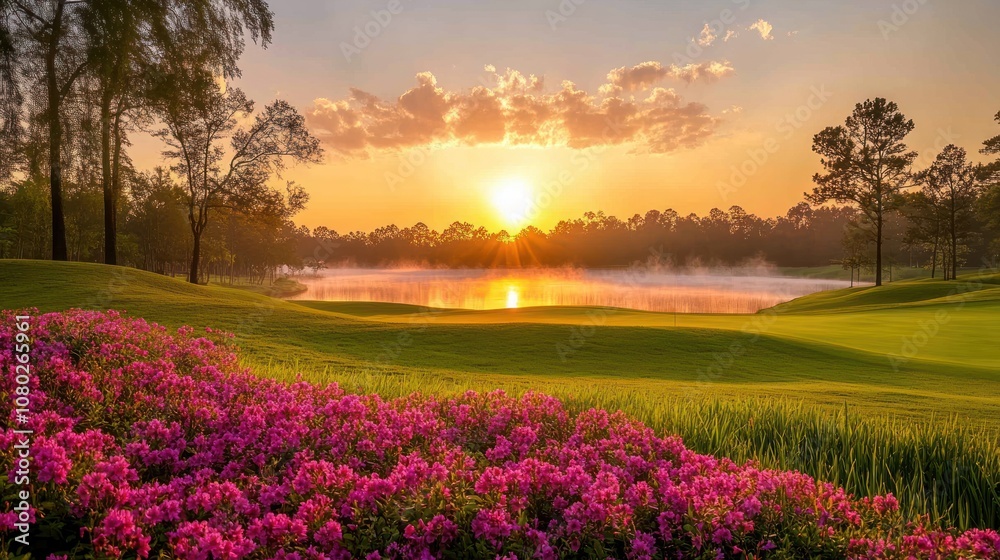Obraz premium A vibrant sunrise over a golf course with a lake and flowers in the foreground.