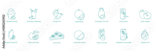 Blueberry Muffin, Strawberry Milkshake, Mango Ice, Watermelon, Pineapple Coconut, Grape Soda, Green Apple Vape Icon Set Illustration