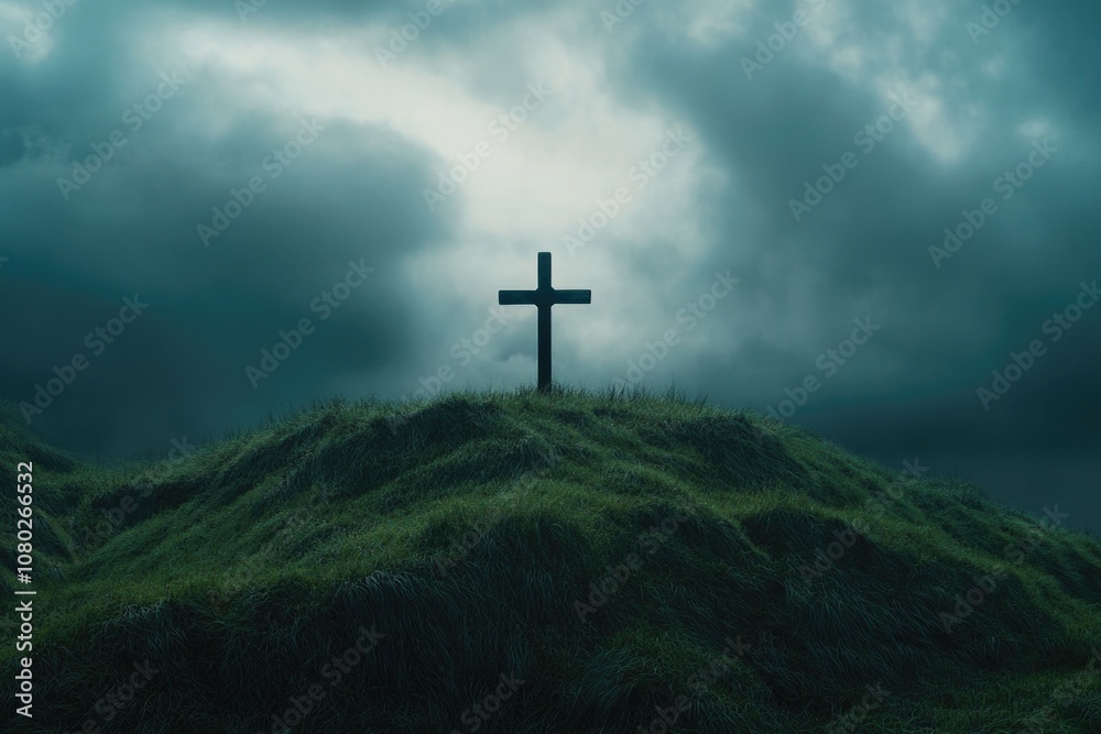A cross sits atop a lush green hill, surrounded by nature