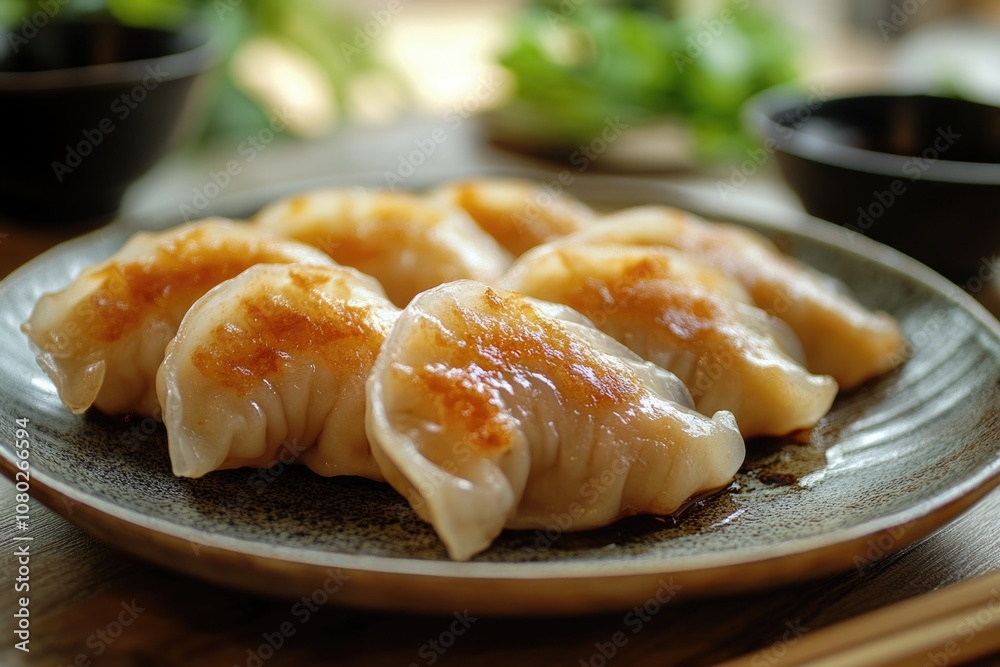 A plate of dumplings served on a wooden table, perfect for a cozy dinner or snack A plate of dumplings served on a wooden table, perfect for a cozy dinner or snack