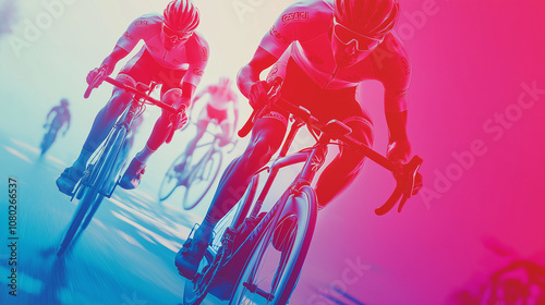 Artistic depiction of cyclists racing with vibrant, abstract backgrounds. photo