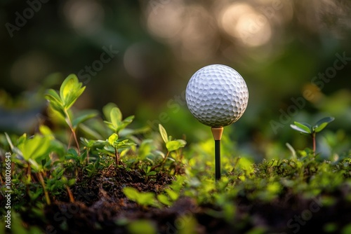 A lone golf ball sits atop a lush green field, perfect for a sunny day or a golf course photo