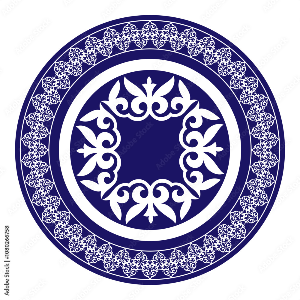 Blue white plate with lace design. Beautiful round frame arabesque. Vintage, ethnic vector frame with arabesques (EPS). Pattern frame for round surfaces, household utensils, textiles, embroidery