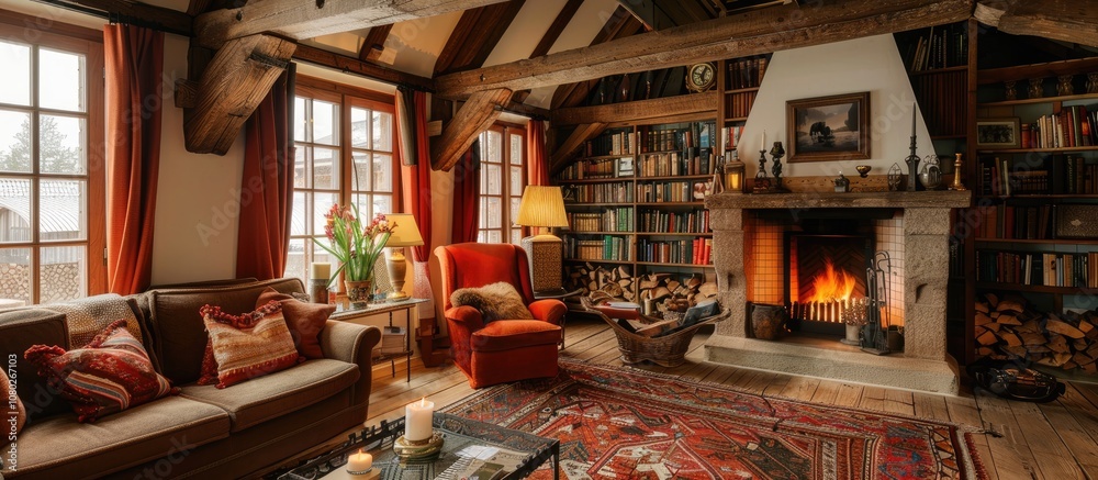 Cozy Living Room with Fireplace and Bookshelves Cozy Living Room with Fireplace and Bookshelves