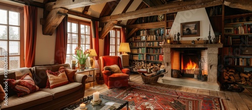 Cozy Living Room with Fireplace and Bookshelves