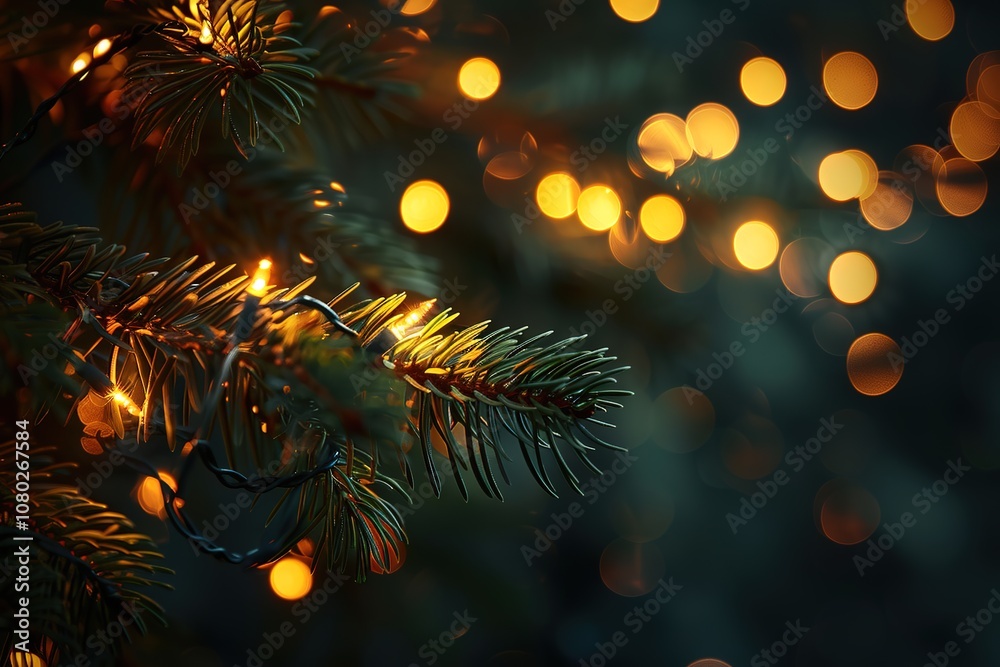 Fototapeta premium Festive Pine Tree Branch with Golden Bokeh Lights