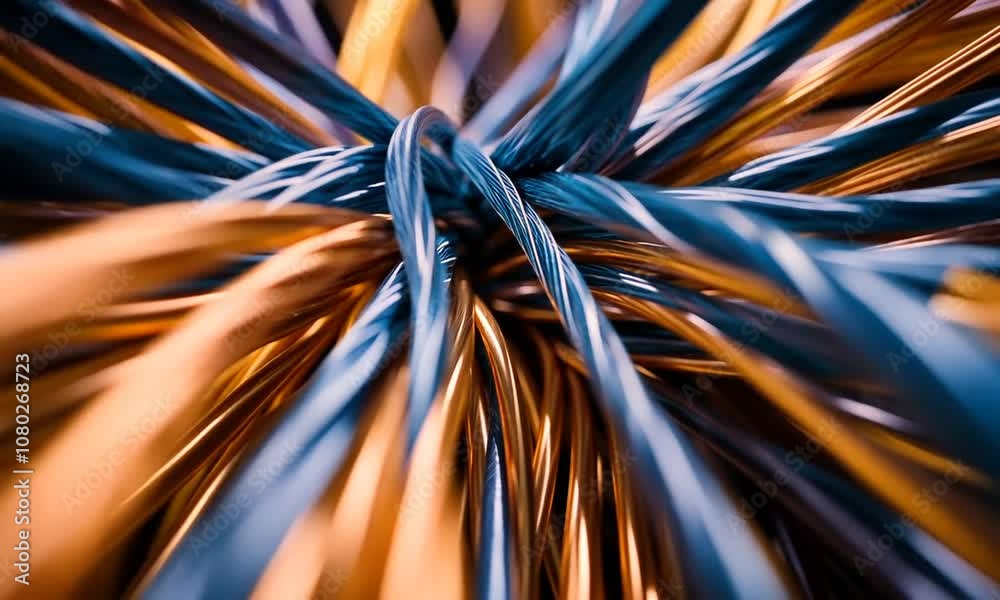 Close-up of intertwined copper and blue wires.