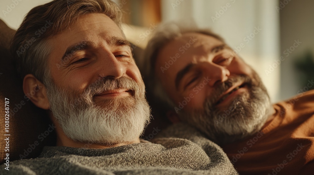 Fototapeta premium Men relaxing together on a sofa, possibly friends or partners