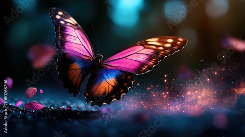 A colorful, glowing butterfly surrounded by sparkling petals amidst a dreamy, ethereal glow, symbolizing transformation and the magic of nature.