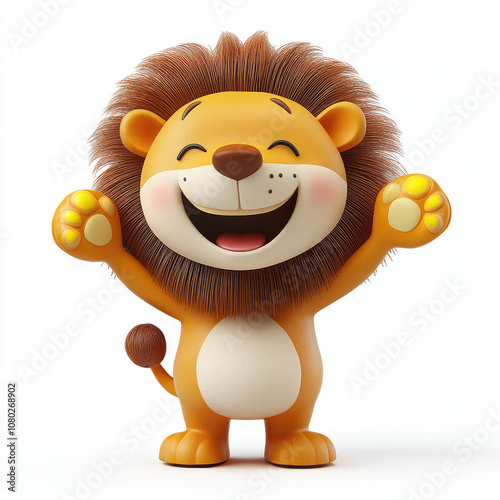 3D funny cartoon happy lion cub close-up, isolated, on a white background. Funny print for T-shirts, printing on fabric, paper, packaging. Ironic character for a logo, funny illustration for advertisi