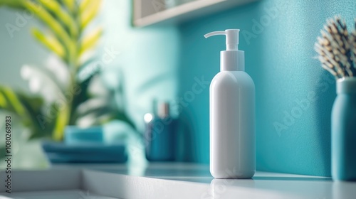 A bottle of lotion sits on a bathroom counter, ready for use