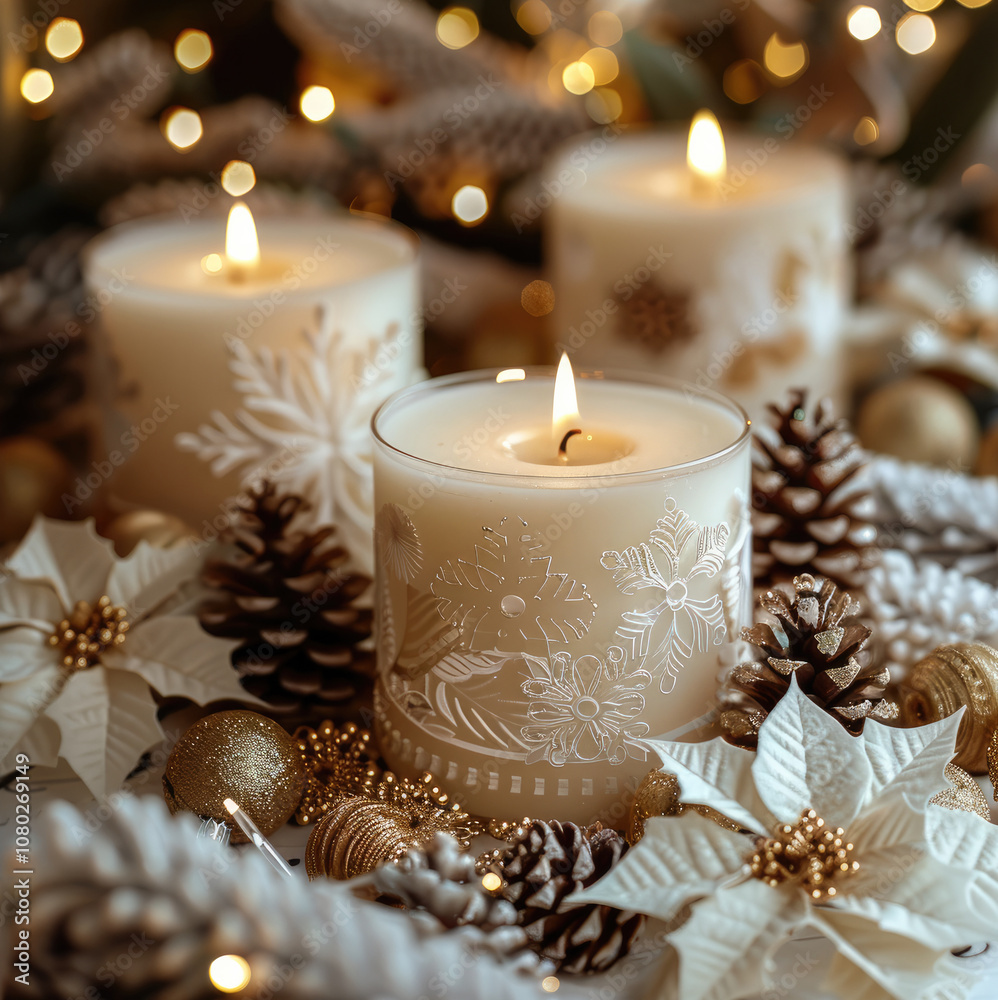 White Christmas candles, white poinsettias and pine cones on T and table with golden sparkling background. White snowflake int and foreground. White Christmas candles, white poinsettias and pine cones on T and table with golden sparkling background. White snowflake int and foreground.