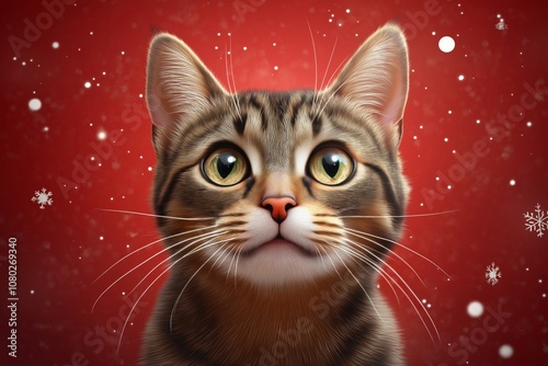 Adorable cat with wide eyes, surrounded by festive Christmas lights, capturing the joyful and cozy atmosphere of the holiday season, Generative AI