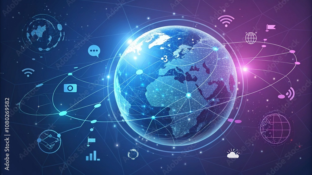 An abstract image representing global connectivity, with a blue earth surrounded by technological elements and lines
An abstract image representing global connectivity, with a blue earth surrounded by technological elements and lines