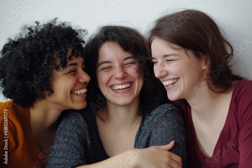 A group of three women sitting side by side, possibly friends or colleagues photo