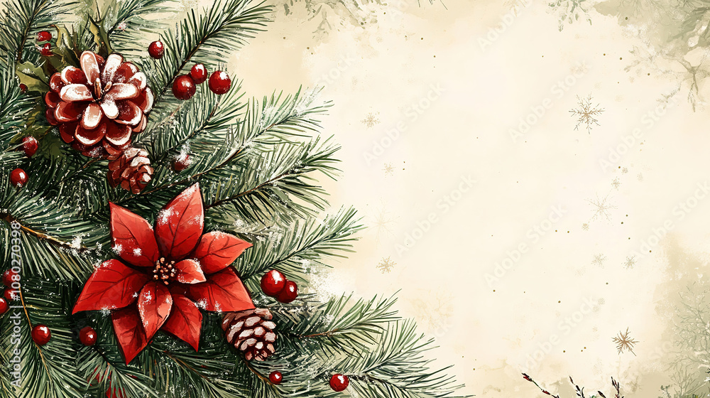 Christmas card, background with fir branches and cones, watercolor
Christmas card, background with fir branches and cones, watercolor