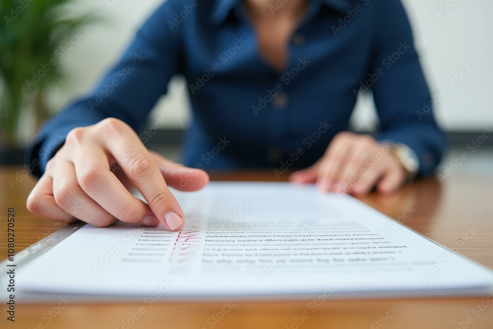 Fototapeta premium Professional Woman Reviewing Document in Office Setting, Ideal for Business and Workplace Concepts, Blue Blouse, Focused and Concentrated