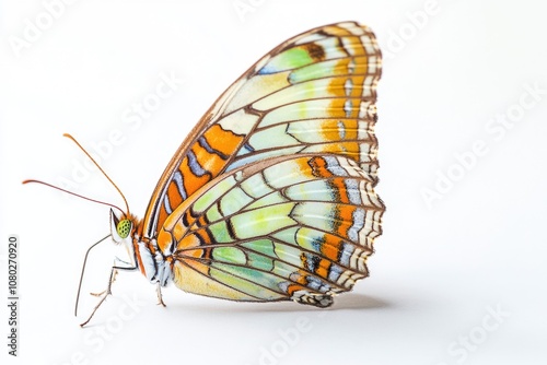 A close-up shot of a colorful butterfly on a white surface