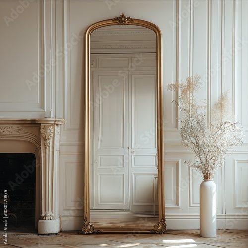 A thin, gold-framed, full-length mirror stands on the floor in front of a white wall with a fireplace.