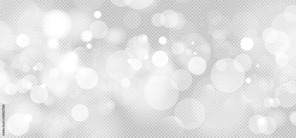 Seamless white glowing bokeh light background, overlay transparent glittering dust backdrop and shiny lens flare effect with floating circle pattern for christmas holiday template. New year xmas bokeh