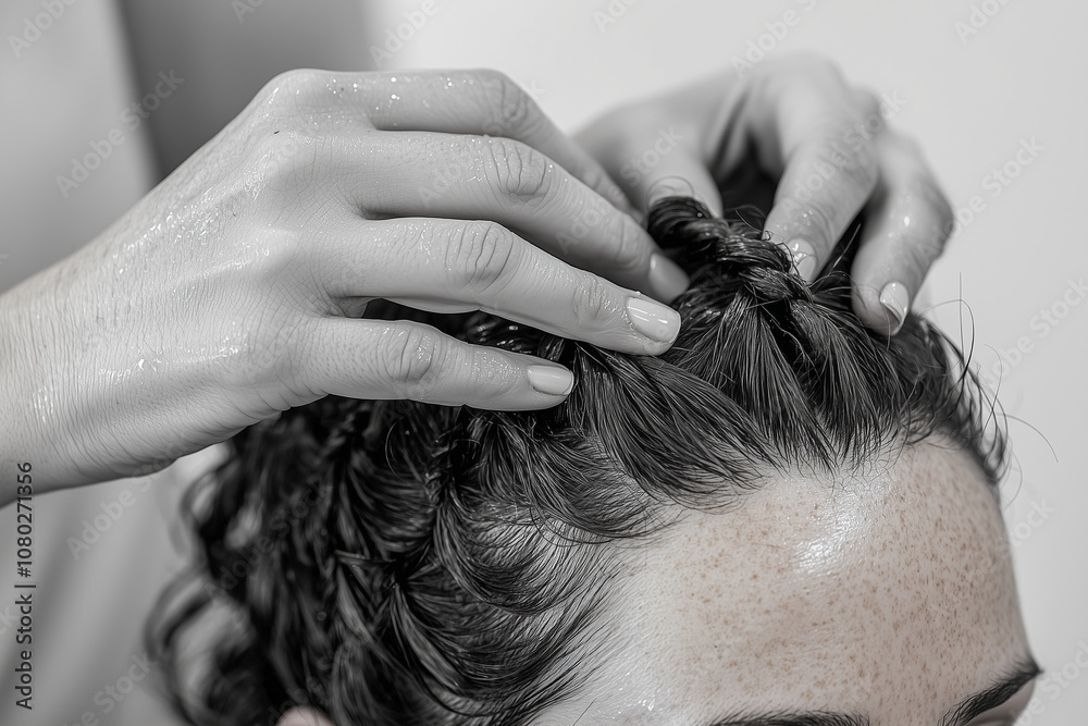 Naklejka premium Close up of hairstylist attentively working on clients hair, showcasing intricate braiding techniques and focus on detail. hands demonstrate skill and care in hairstyling
