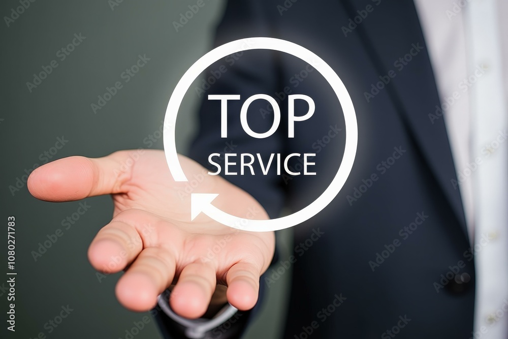 Professional Businessman Pointing to Top Service Concept, Highlighting Excellence and Quality in Customer Service, Ideal for Business Marketing and Advertising