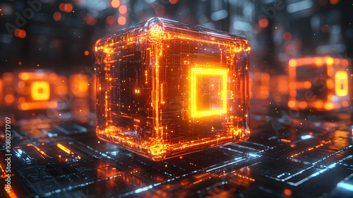 3D Render of Glowing Orange Cube with Circuitry Design