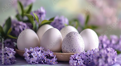 Easter eggs on a lilac background. festively decorated easter.