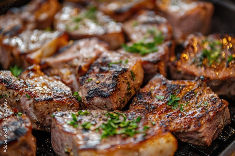 A close-up shot of grilled meat sizzling on the barbecue, perfect for food and cooking illustrations A close-up shot of grilled meat sizzling on the barbecue, perfect for food and cooking illustrations