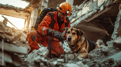 Rescue worker and search dog searching for survivors in rubble of collapsed building. Emergency response and animal teamwork in urban disaster area. Search and rescue concept for design and print