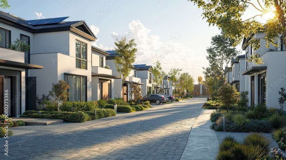 A serene street lined with modern, minimalist homes featuring solar panels, surrounded by lush greenery and a clear blue sky, capturing peaceful suburban life. A serene street lined with modern, minimalist homes featuring solar panels, surrounded by lush greenery and a clear blue sky, capturing peaceful suburban life.