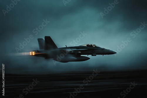 Dynamic capture of a fighter jet in motion at a military base under a dramatic dark sky