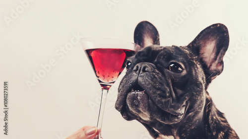 Drunk dog drinking cocktail. Cool drunk french bulldog dog cheerfully toasting with martini cocktail drink, looking up to owner photo