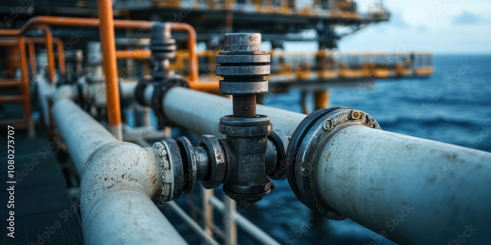 Industrial valve operation offshore oil rig equipment focus marine environment close-up view engineering concept Industrial valve operation offshore oil rig equipment focus marine environment close-up view engineering concept