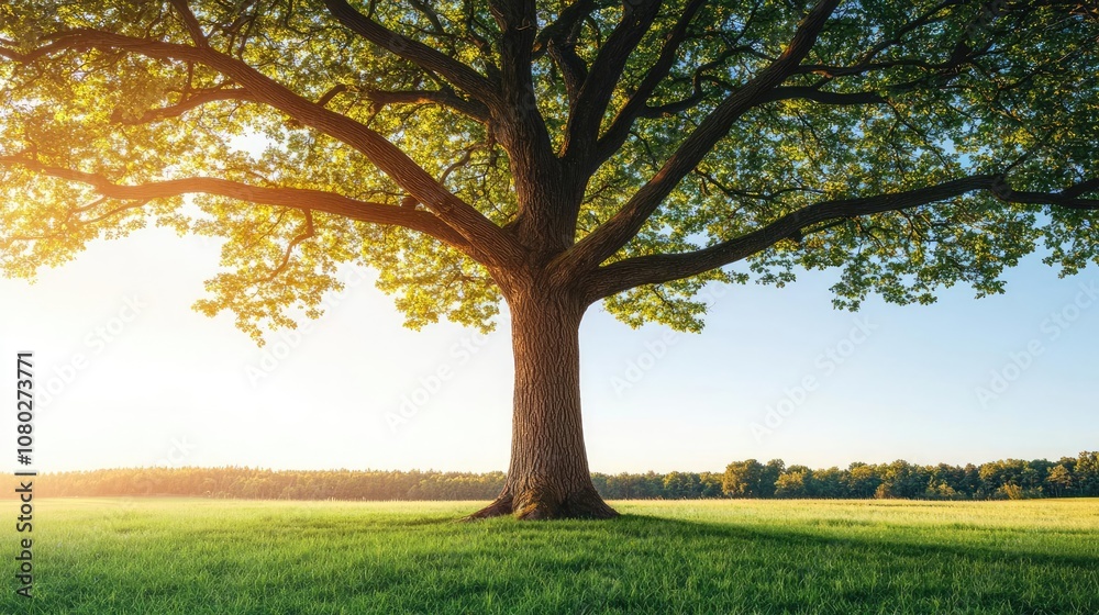 Majestic tree standing tall in a sunlit open field, surrounded by greenery. Majestic tree standing tall in a sunlit open field, surrounded by greenery.